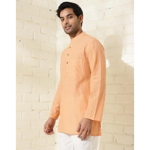 Fabindia Men's Cotton Striped Regular Kurta (1037124Yellow_Orange