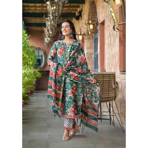 Fabnex Women Cotton Blend Kurta Pant Set With Dupatta (K-121-Green-L)