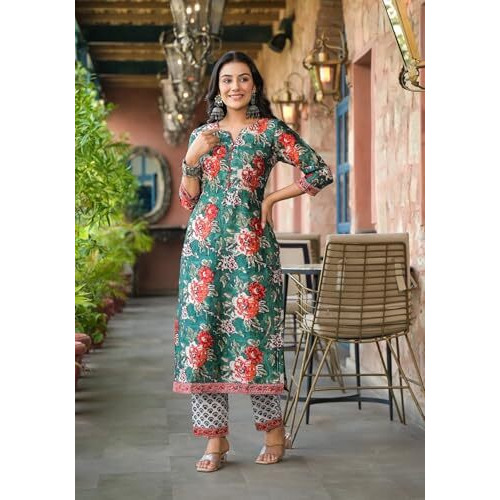 Fabnex Women Cotton Blend Kurta Pant Set With Dupatta (K-121-Green-L)