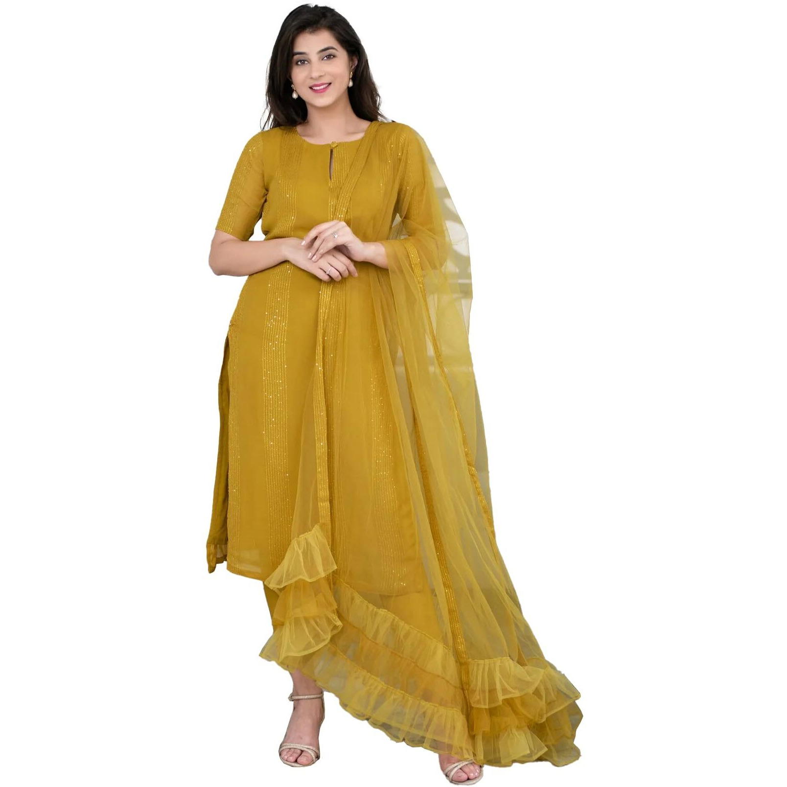 Fashion Basket Floral Chikvence Lin Anarkali Kurta With Pant And Dupatta (S, Yellow)