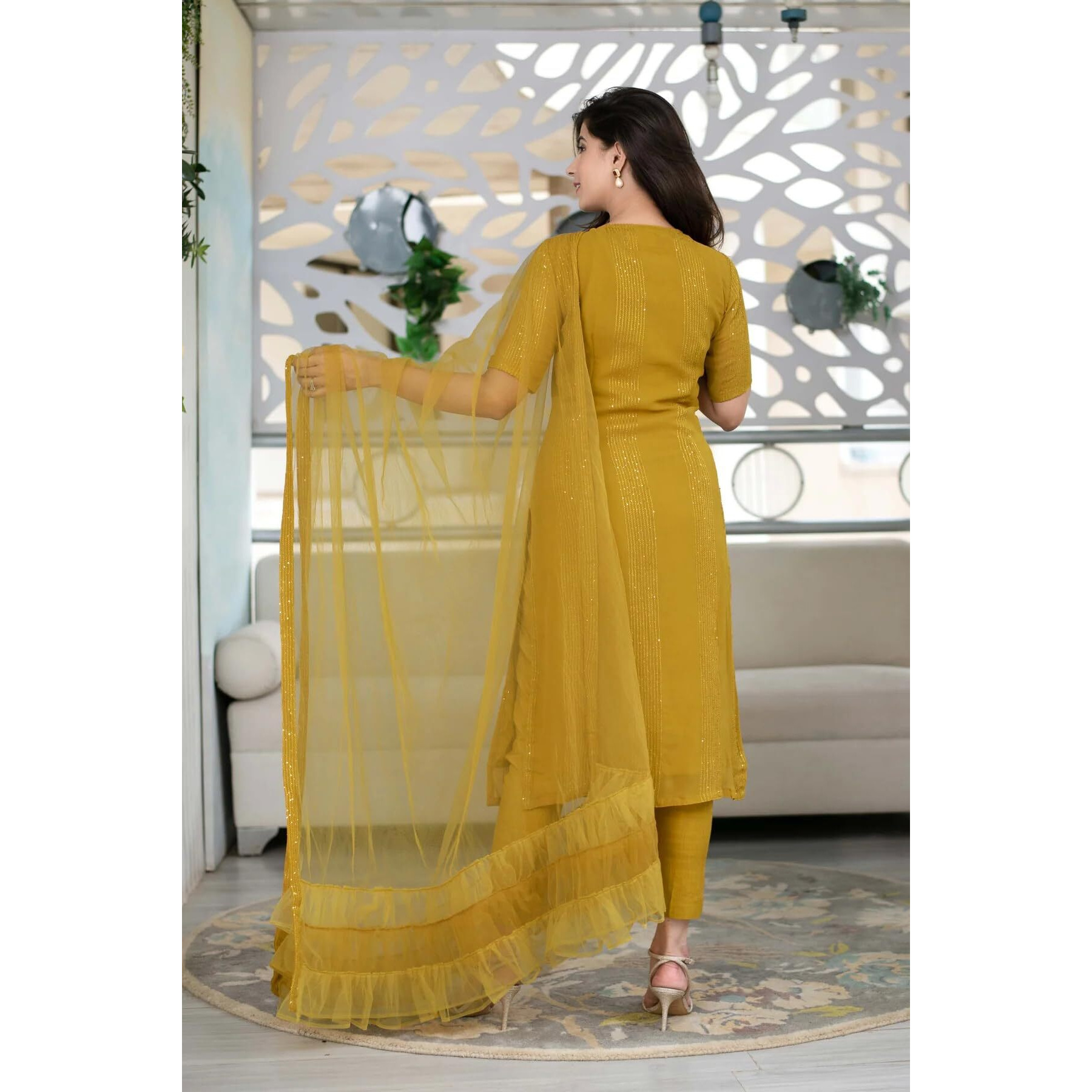 Fashion Basket Floral Chikvence Lin Anarkali Kurta With Pant And Dupatta (S, Yellow)