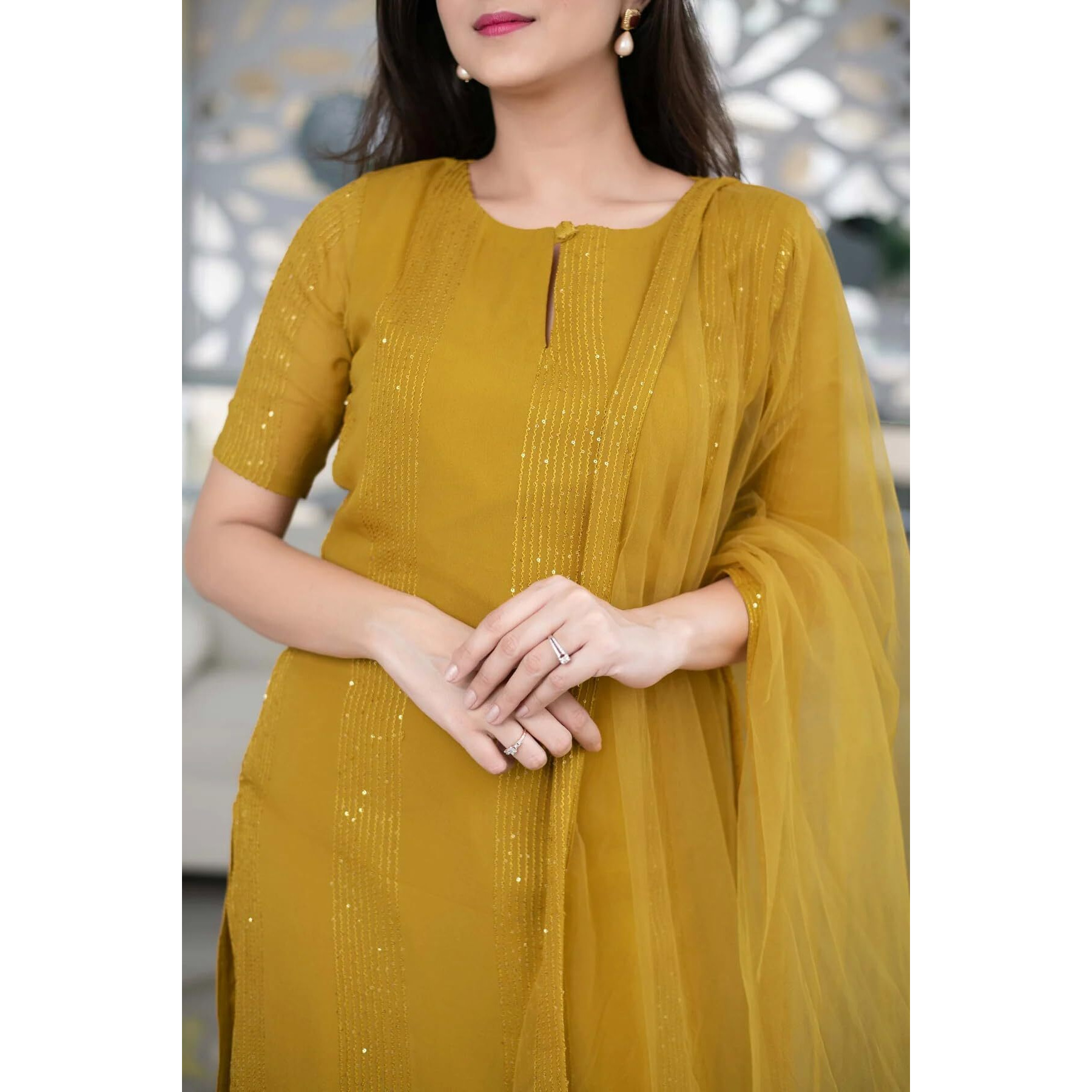 Fashion Basket Floral Chikvence Lin Anarkali Kurta With Pant And Dupatta (S, Yellow)