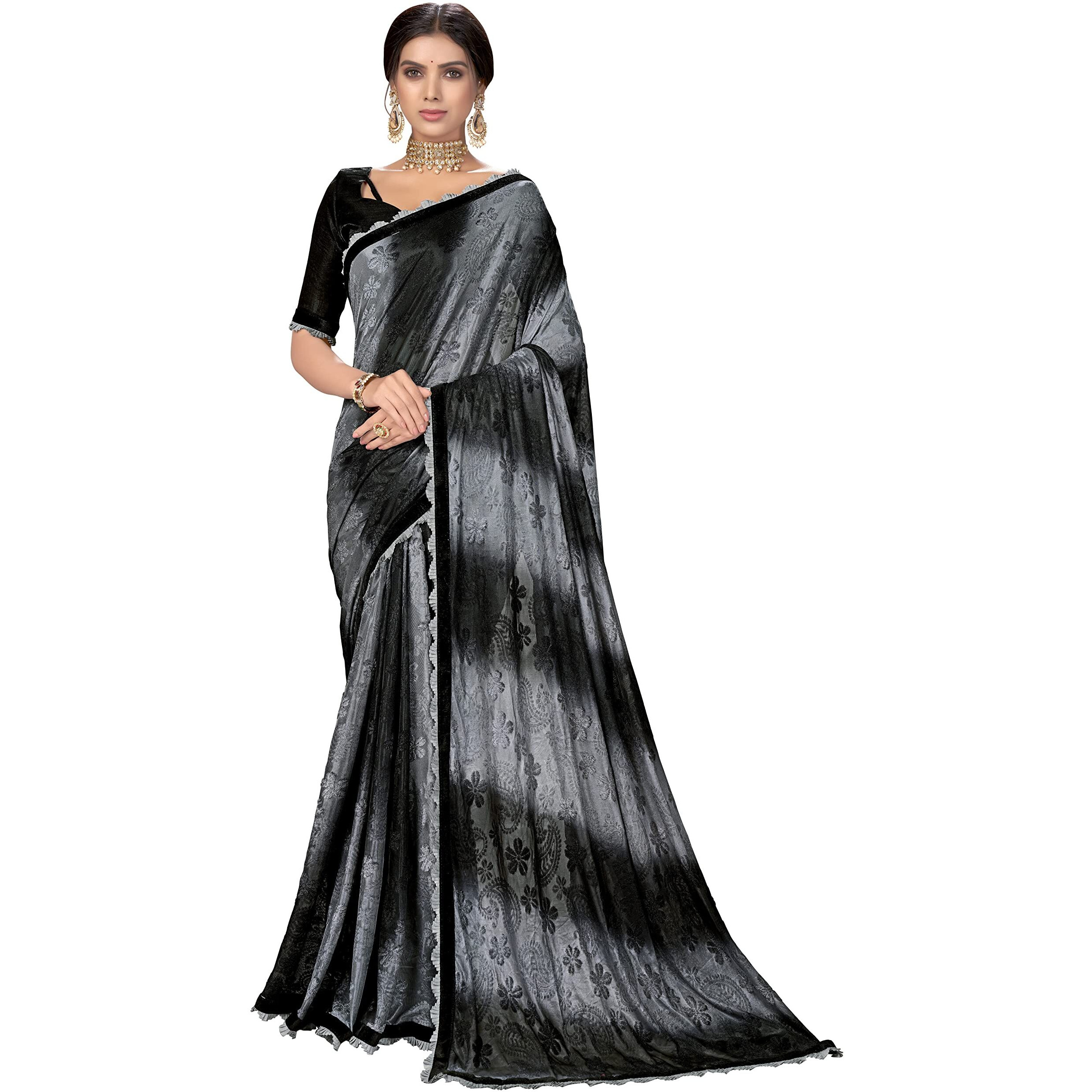 Glory Sarees Womens Lycra Saree (Lycra_Art101Black_Black)
