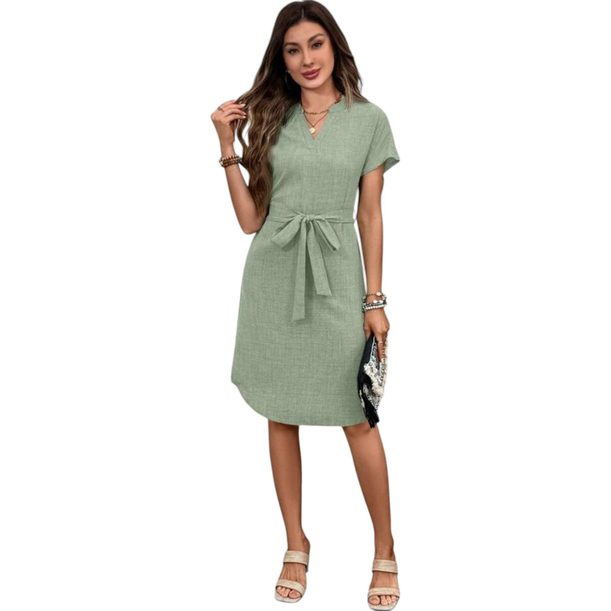 Gufrina Women Western Dresses In Solid, Relaxed Fit, V-Neckline, And Waist Tie-Up Design (Green Xl)