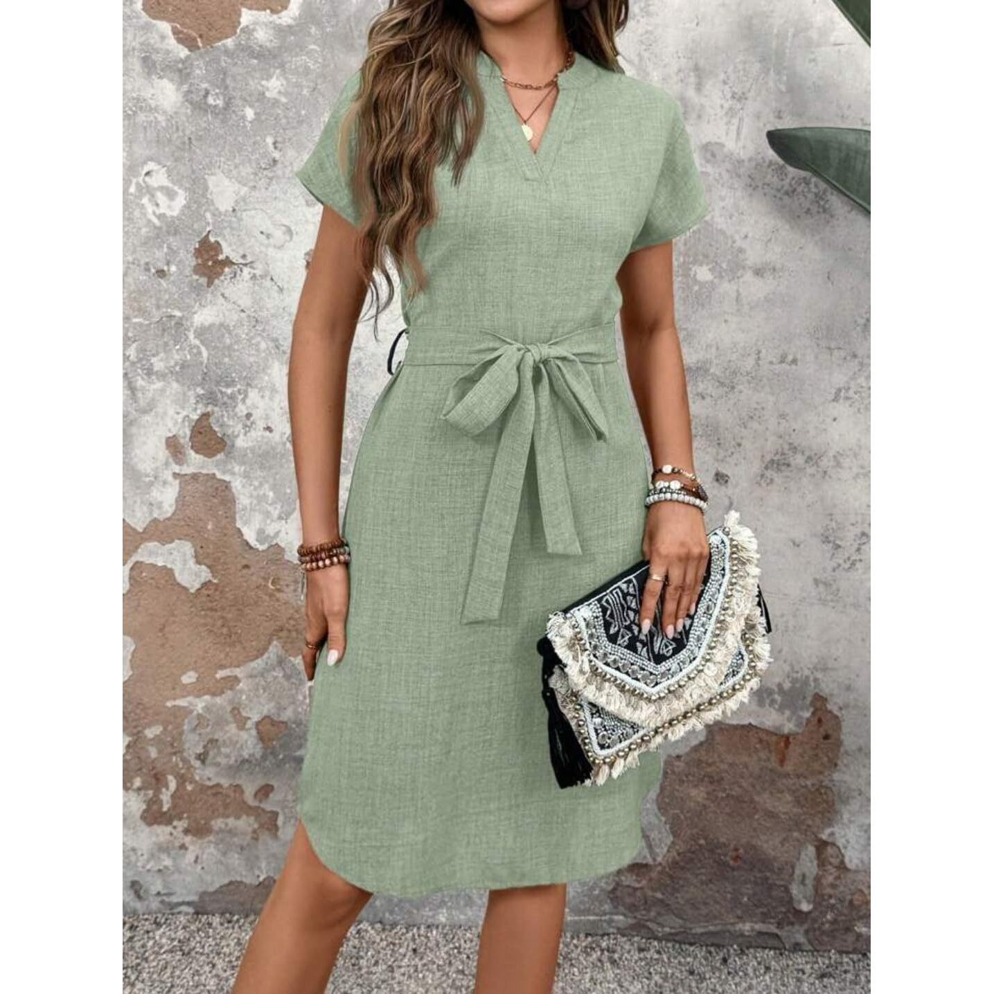Gufrina Women Western Dresses In Solid, Relaxed Fit, V-Neckline, And Waist Tie-Up Design (Green Xl)