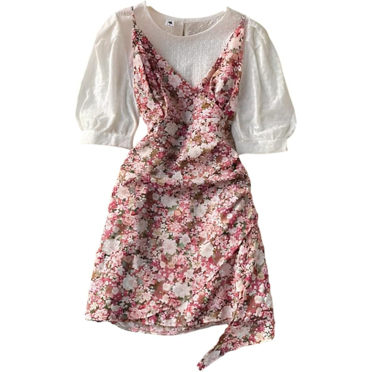 Gufrina Crepe Elegant Women's Two-Piece Dress Set With Crop Top And High-Waist Skirt For Casual (Peach L, Floral)