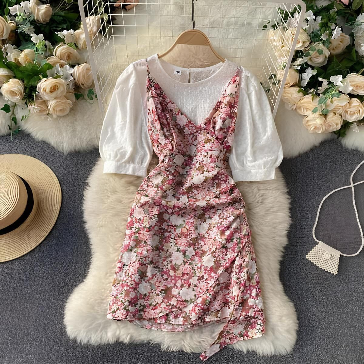 Gufrina Crepe Elegant Women's Two-Piece Dress Set With Crop Top And High-Waist Skirt For Casual (Peach L, Floral)