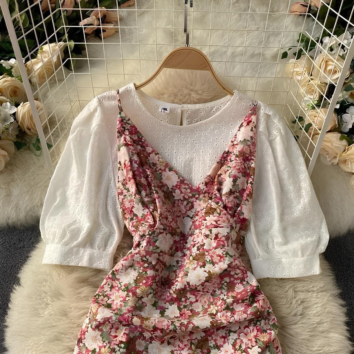 Gufrina Crepe Elegant Women's Two-Piece Dress Set With Crop Top And High-Waist Skirt For Casual (Peach L, Floral)