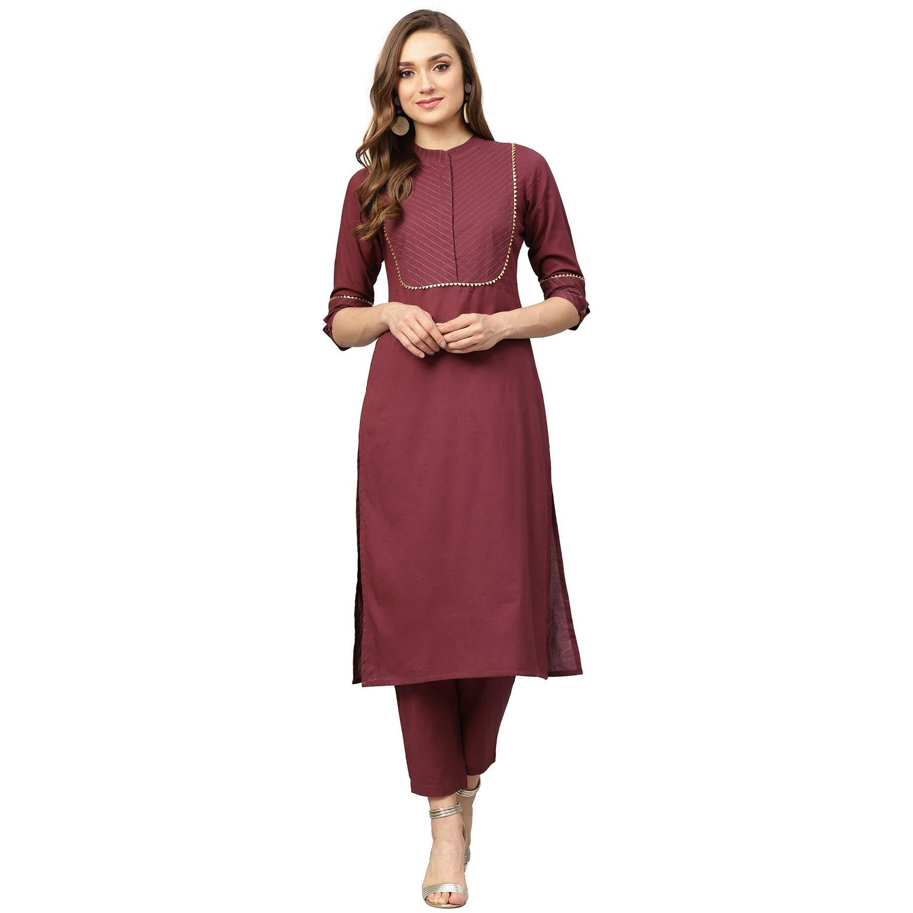 Idalia Cotton Kurta Set With Pant - Calf Length Straight Designer Kurta With 3/4 Sleeves, Mandarin Collar For Festive & Party Occasions Maroon