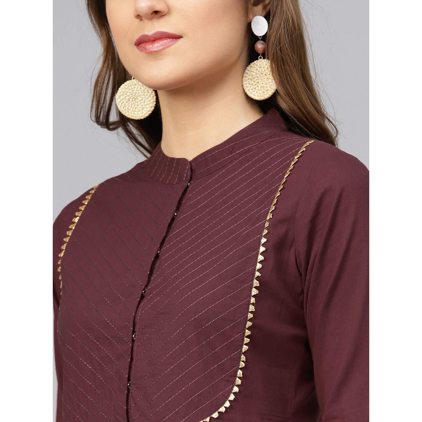 Idalia Cotton Kurta Set With Pant - Calf Length Straight Designer Kurta With 3/4 Sleeves, Mandarin Collar For Festive & Party Occasions Maroon