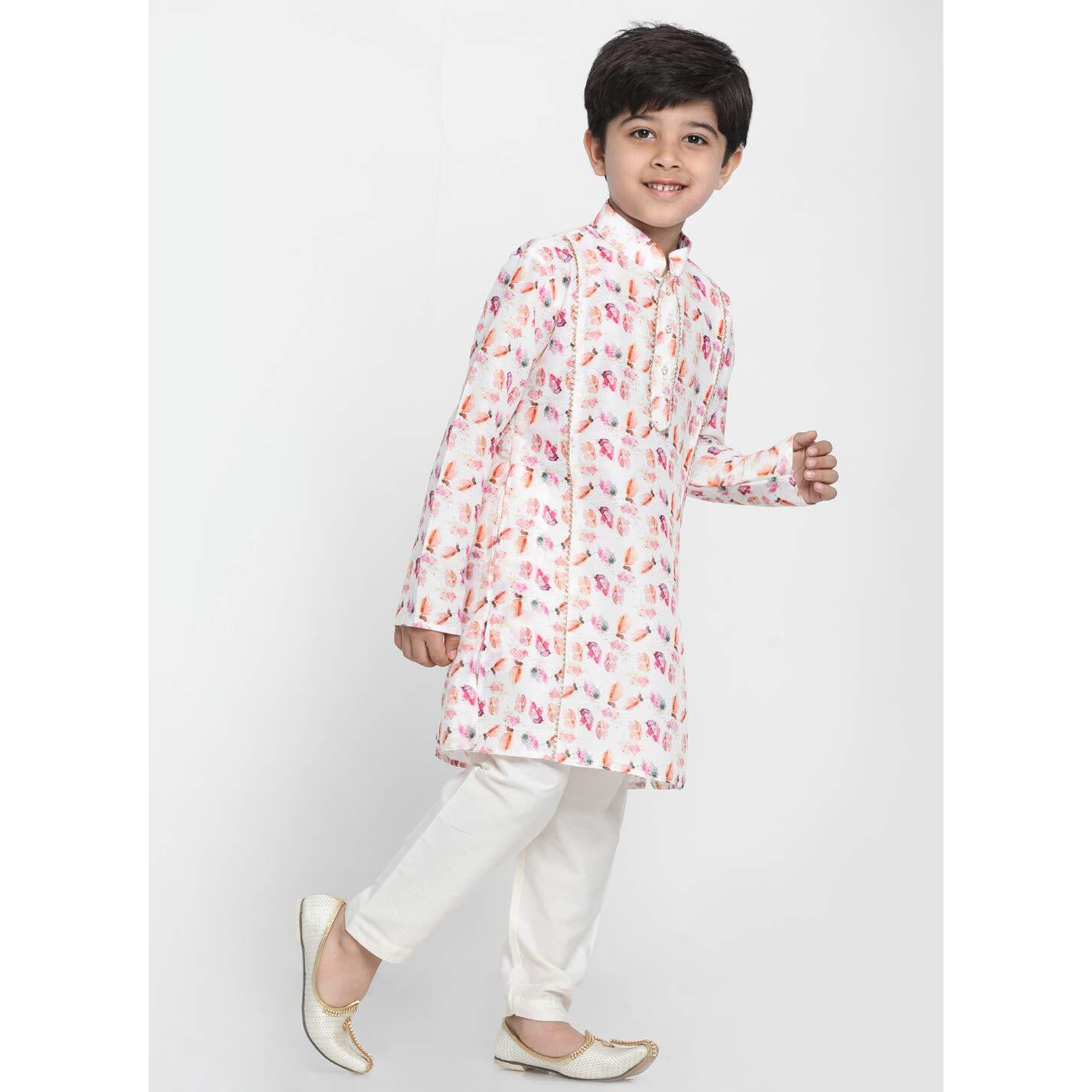 Vastramay Boys White Linen Cotton Kurta Set For Independence Day Celebrations- Digital Floral Print Ethnic Wear With Mandarin Collar
