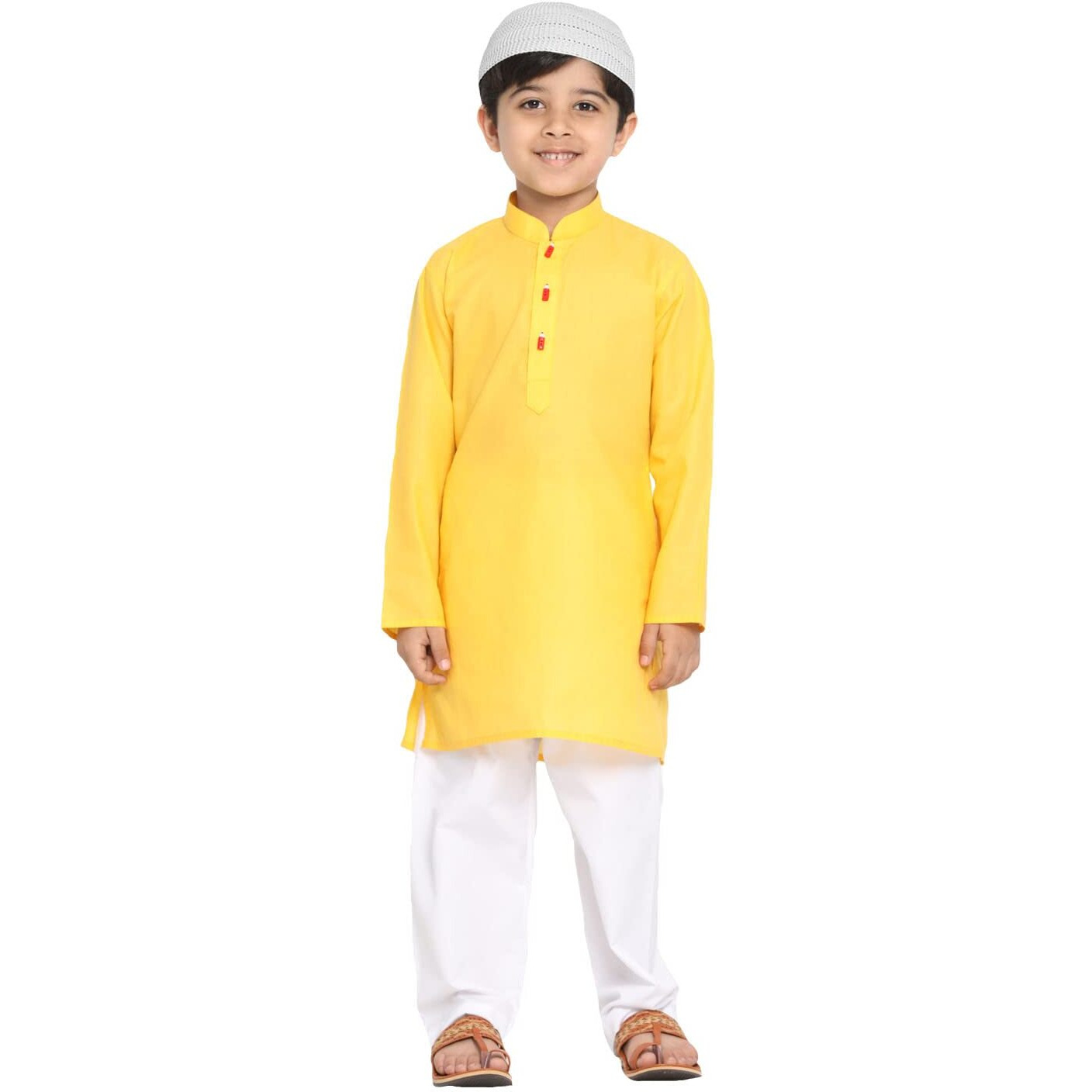 Jbn Creation Boys' Yellow Cotton Blend Kurta Pyjama And Cap Set (Jbnbk066Ywnpwhnc_32 White_9 Years-10 Years)