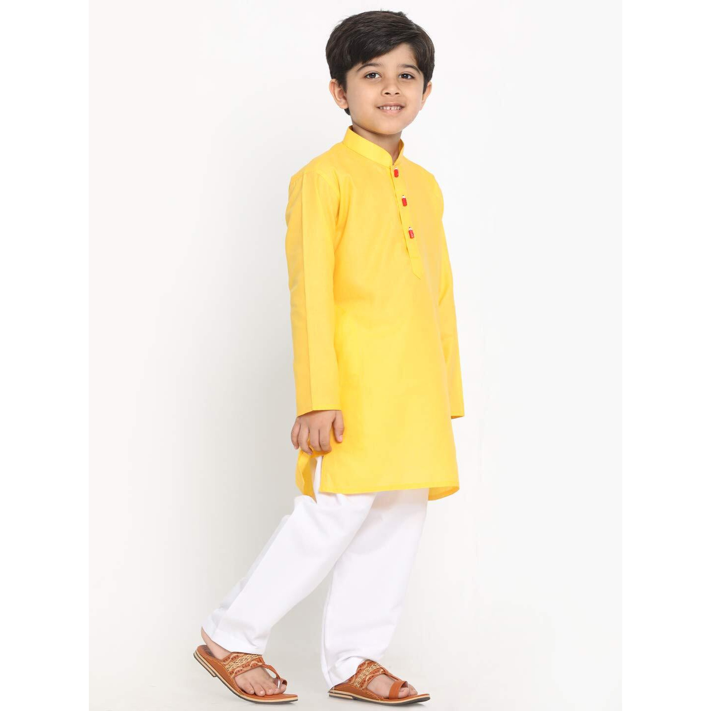 Jbn Creation Boys' Yellow Cotton Blend Kurta Pyjama And Cap Set (Jbnbk066Ywnpwhnc_32 White_9 Years-10 Years)