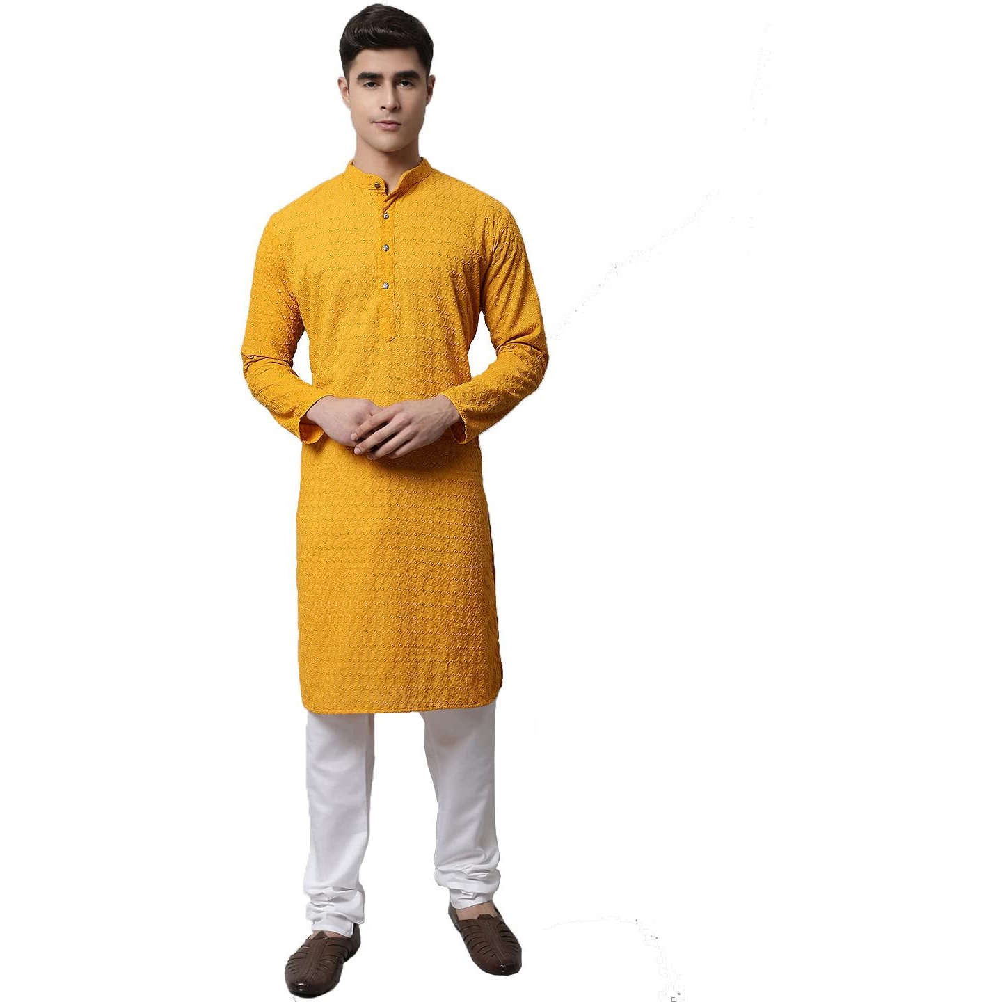 Jompers Men Mustard And Embroidered Kurta With Churidar (Mustard, Xxl)