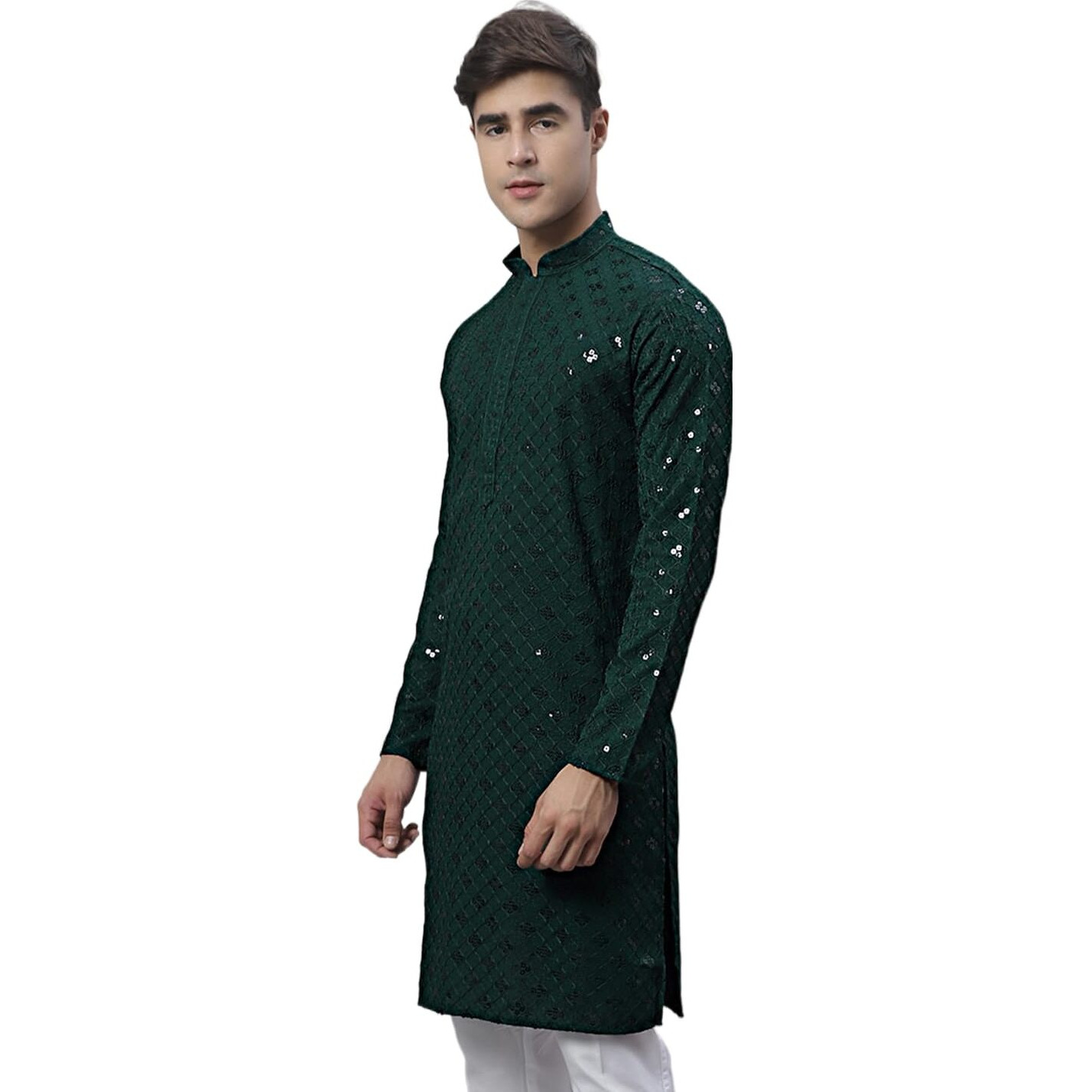 Jompers Men's Chikankari Embroidered And Sequence Kurtas Only (Olive, S)