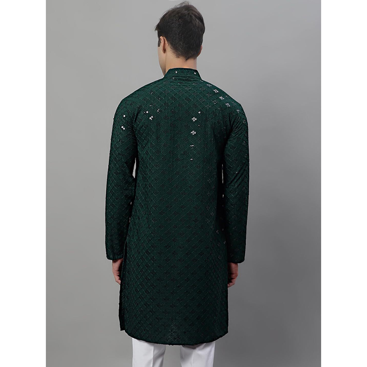 Jompers Men's Chikankari Embroidered And Sequence Kurtas Only (Olive, S)