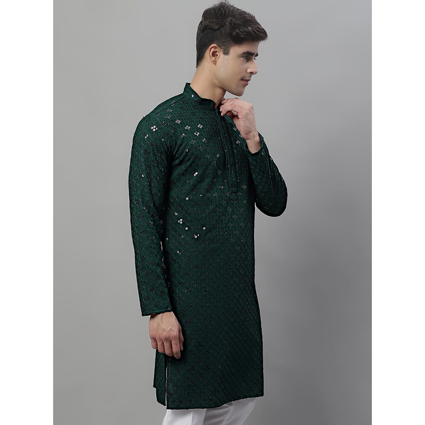 Jompers Men's Chikankari Embroidered And Sequence Kurtas Only (Olive, S)