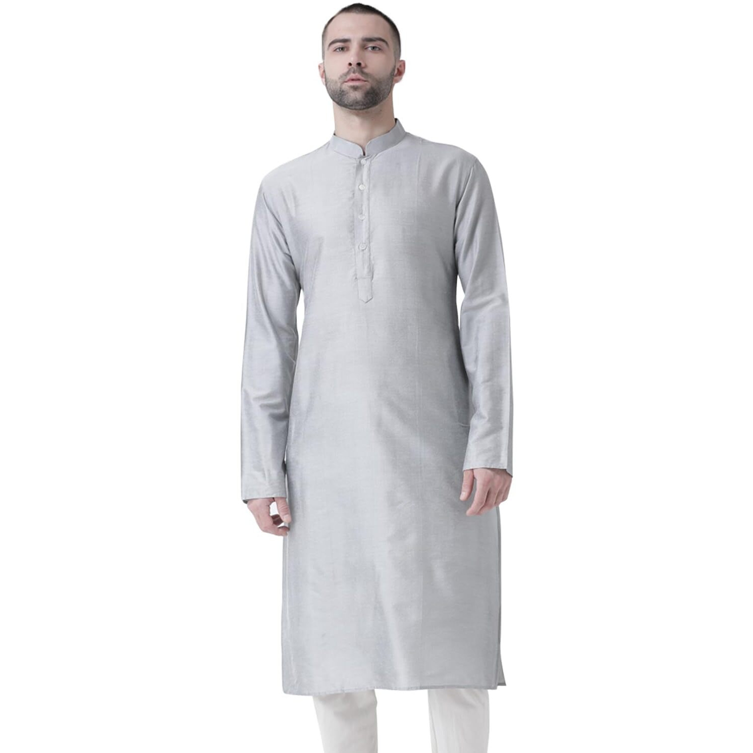 Kisah Men Grey Solid Straight Kurta Full Sleaves, Knee Length, Straight, Regular Fit, Mandarin Collar Ethnic Wear