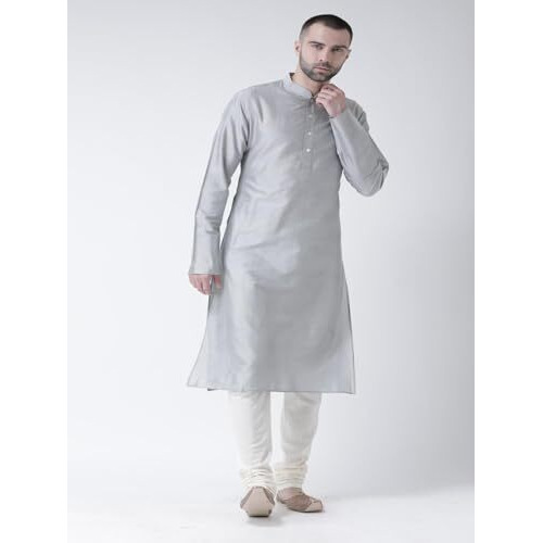 Kisah Men Grey Solid Straight Kurta Full Sleaves, Knee Length, Straight, Regular Fit, Mandarin Collar Ethnic Wear