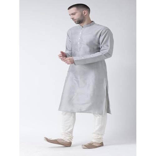 Kisah Men Grey Solid Straight Kurta Full Sleaves, Knee Length, Straight, Regular Fit, Mandarin Collar Ethnic Wear
