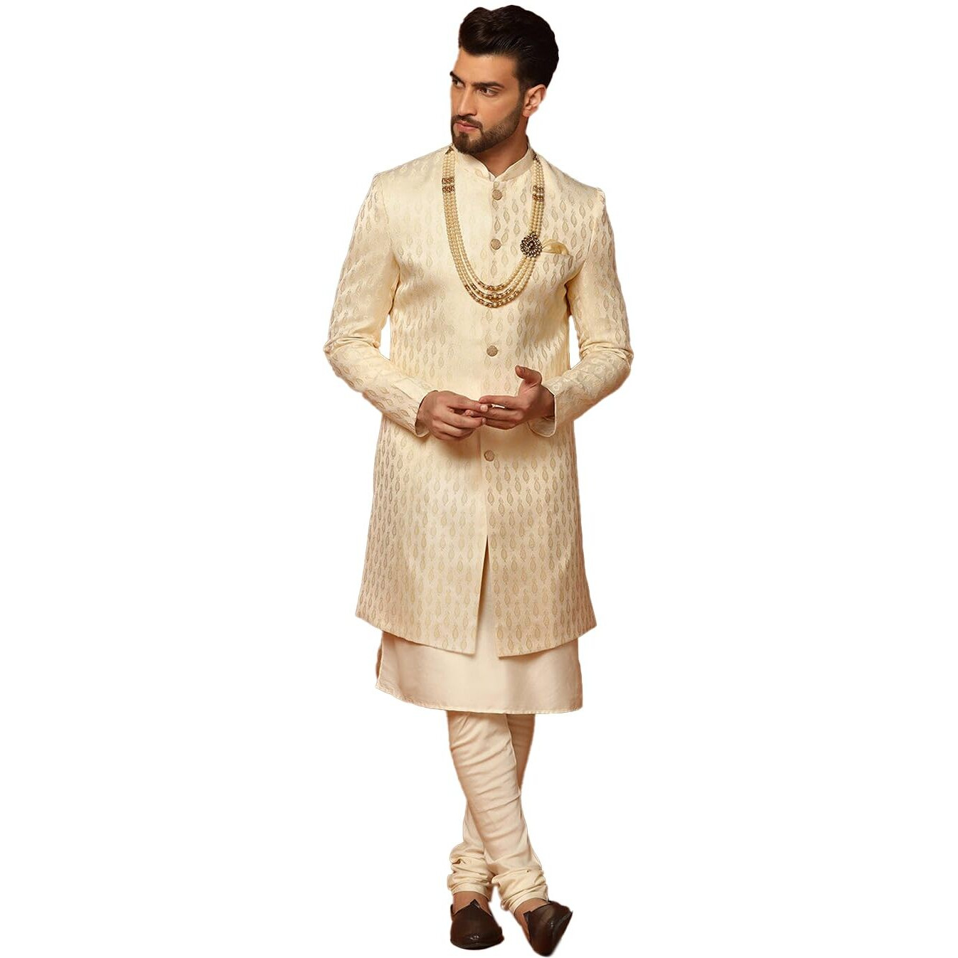 Kisah Kurta Sherwani Set For Men  Silk Blend Jacquard Textured Indo Western Kurta With Churidar | Designer Ethnic Outfit For Weddings & Festivals, Peach, 42