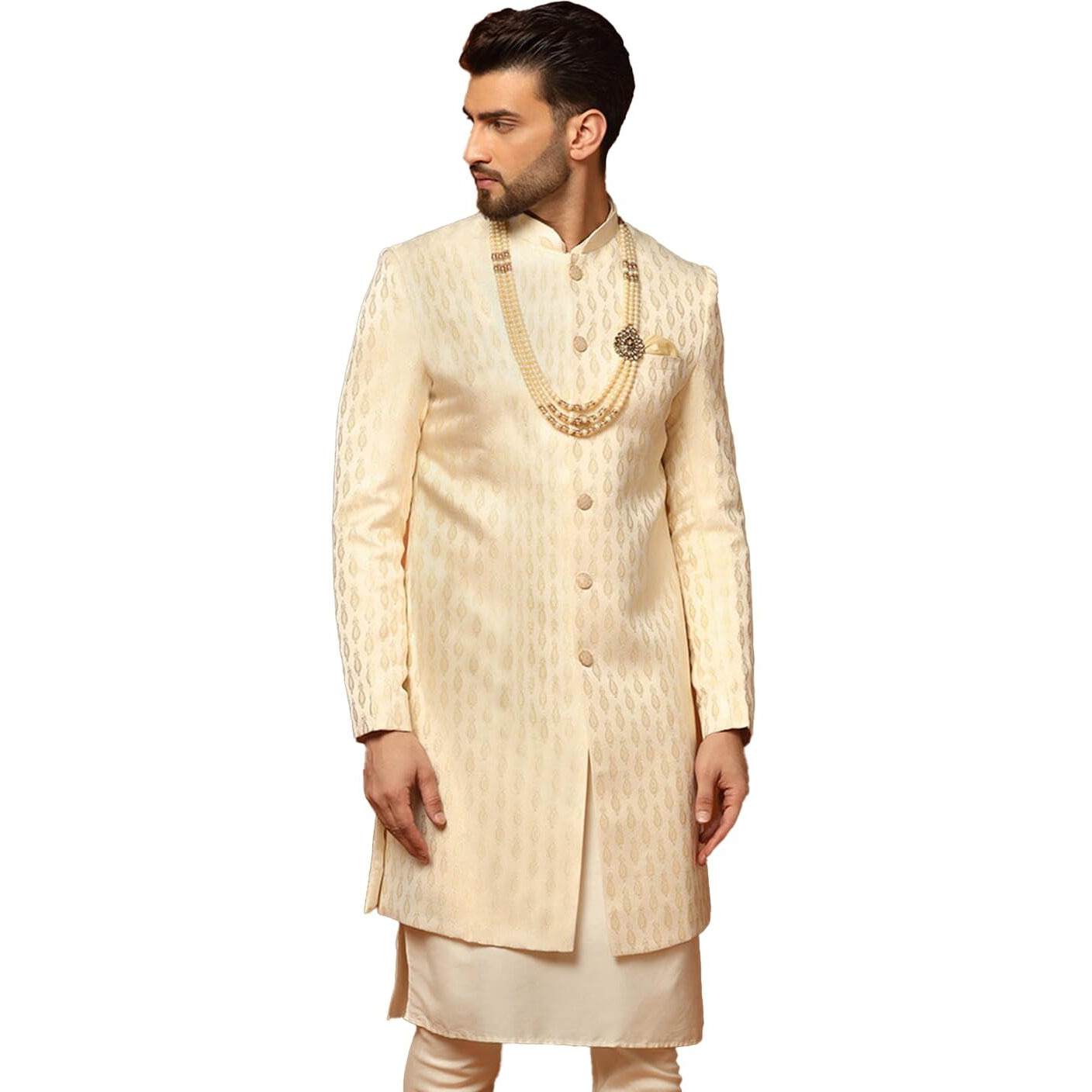 Kisah Kurta Sherwani Set For Men  Silk Blend Jacquard Textured Indo Western Kurta With Churidar | Designer Ethnic Outfit For Weddings & Festivals, Peach, 42