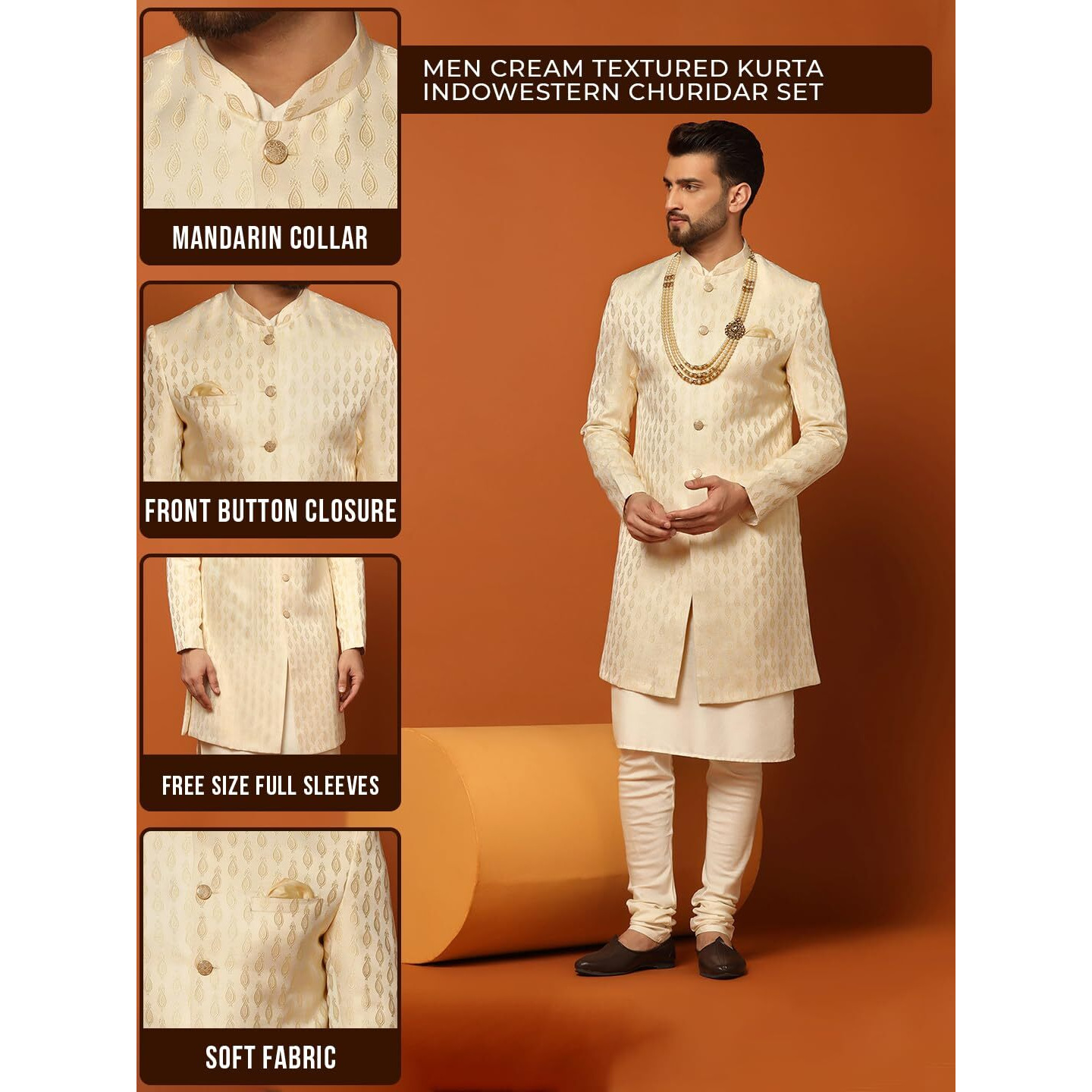 Kisah Kurta Sherwani Set For Men  Silk Blend Jacquard Textured Indo Western Kurta With Churidar | Designer Ethnic Outfit For Weddings & Festivals, Peach, 42