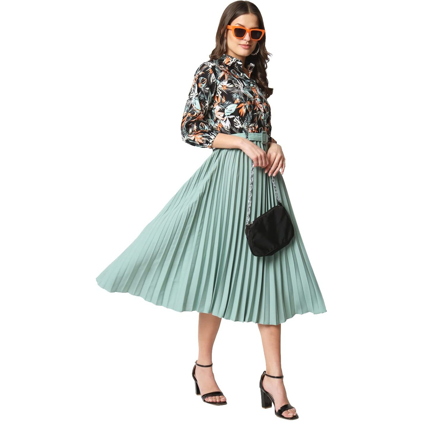 Kzully Women's Print 3/4 Sleeve Pleated Midi Dress With Belt, Multicolor