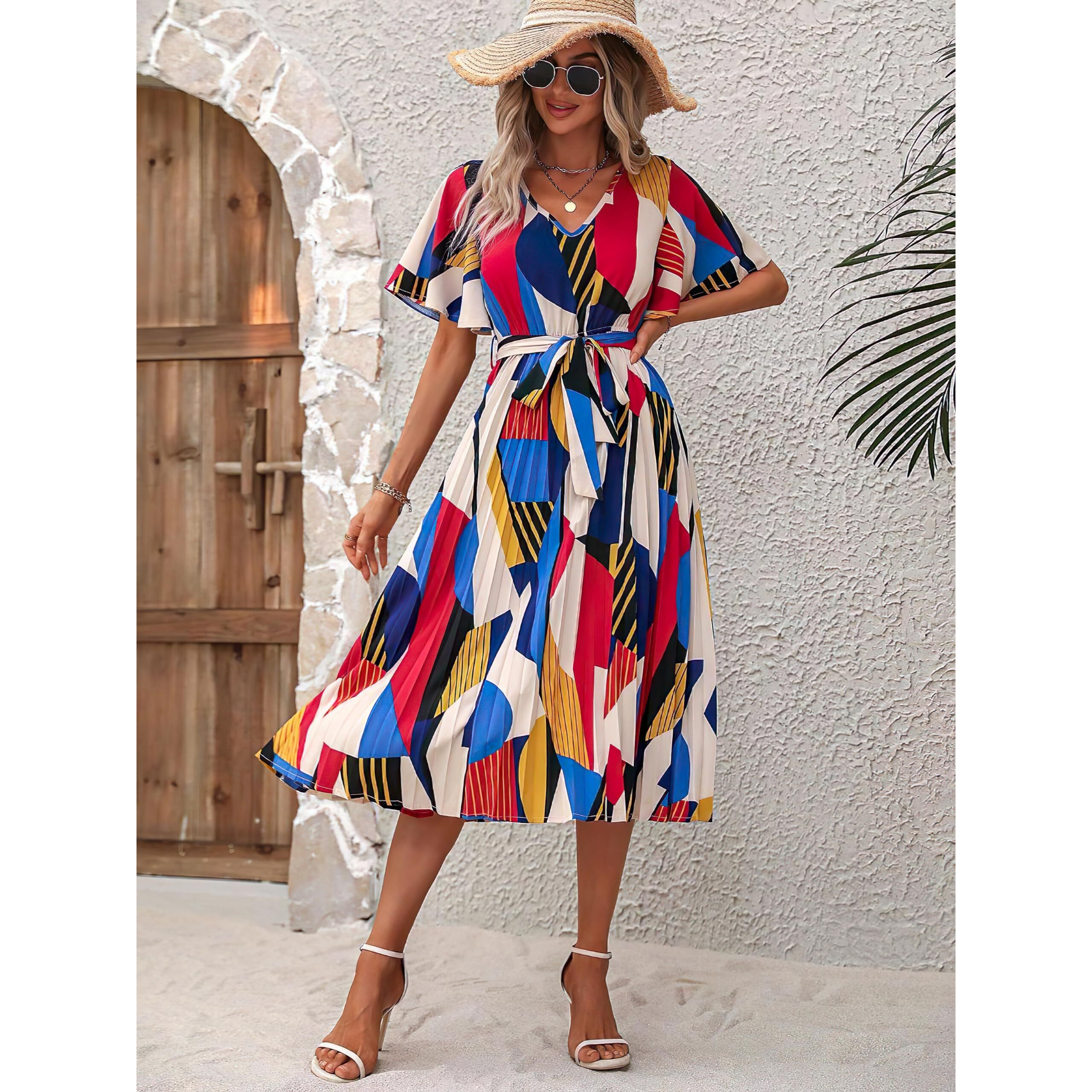 Kzully | Women A-Line Dress With Pleats, Has An V-Neck, Printed Top Comes With A Belt Blue