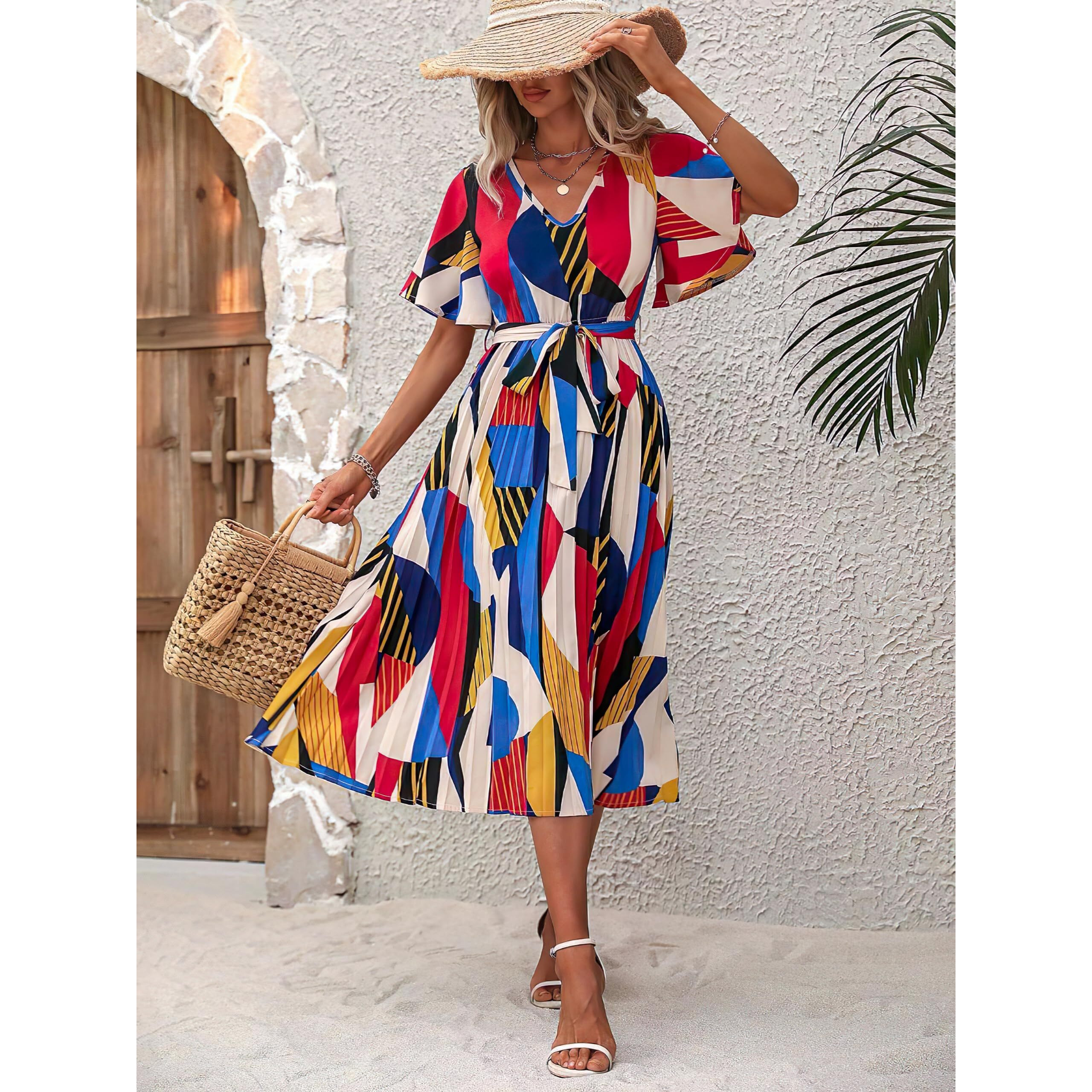 Kzully | Women A-Line Dress With Pleats, Has An V-Neck, Printed Top Comes With A Belt Blue