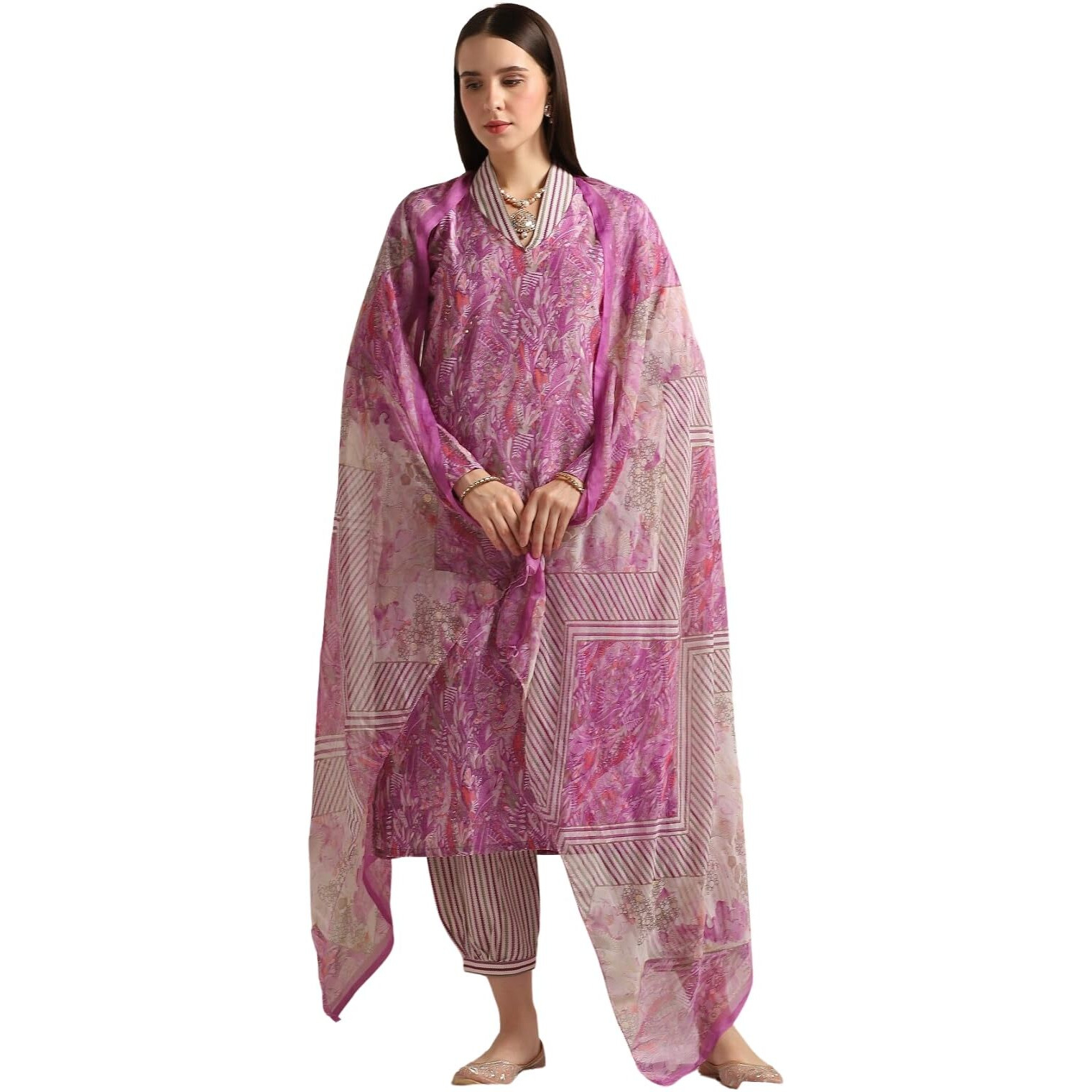Leriya Fashion Women's Cotton Blend Multi Floral Foil Printed Ethnic Straight Shawl Collar Kurta & Patiyala Style Pant With Dupatta Set For Function Festival Office Wear Kurti Set (3X-Large, Purple)