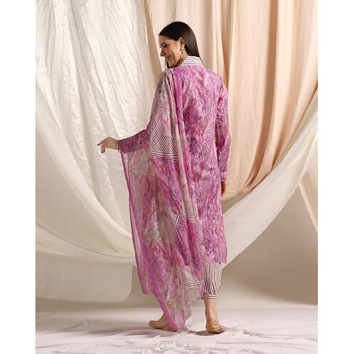 Leriya Fashion Women's Cotton Blend Multi Floral Foil Printed Ethnic Straight Shawl Collar Kurta & Patiyala Style Pant With Dupatta Set For Function Festival Office Wear Kurti Set (3X-Large, Purple)