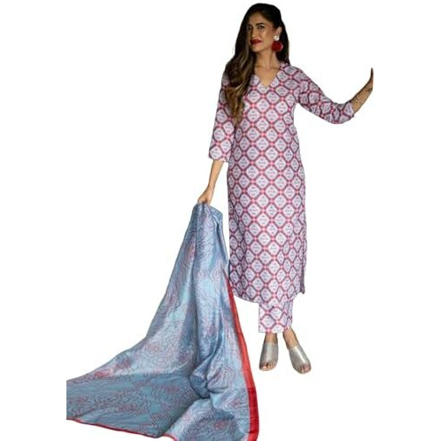 Lookmark Women's Latest Printed Cotton Blend Straight Kurta Pant Dupatta Set (Az-Lm-Og2-Ks2157-Xxl) Red
