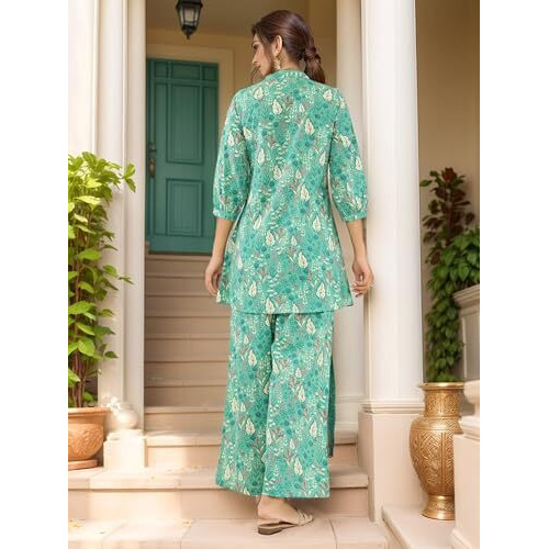 Nainvish Women's Teal Blue Printed Straight Rayon Blend V-Neck Co-Ord Set (Sd728_Kb-M_Teal Blue)