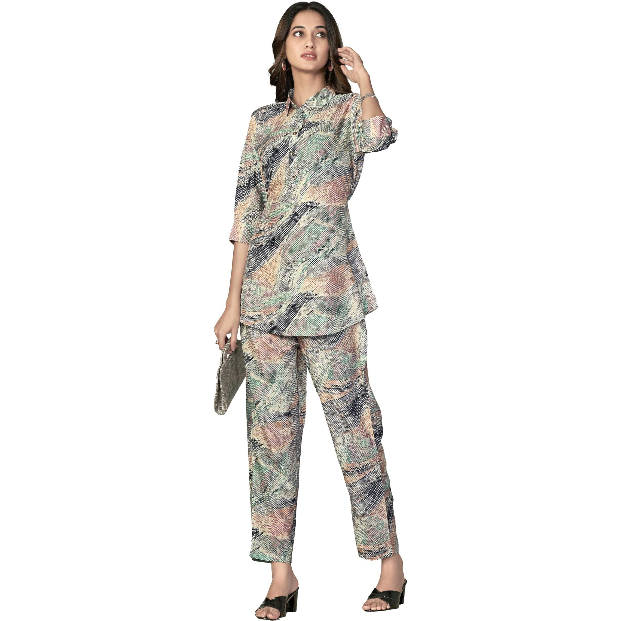 Nainvish Women's Muslin Printed Straight Shirt Collar Co-Ord Top & Pant Set (Sd623_Kb-Xxl_Multicolor)