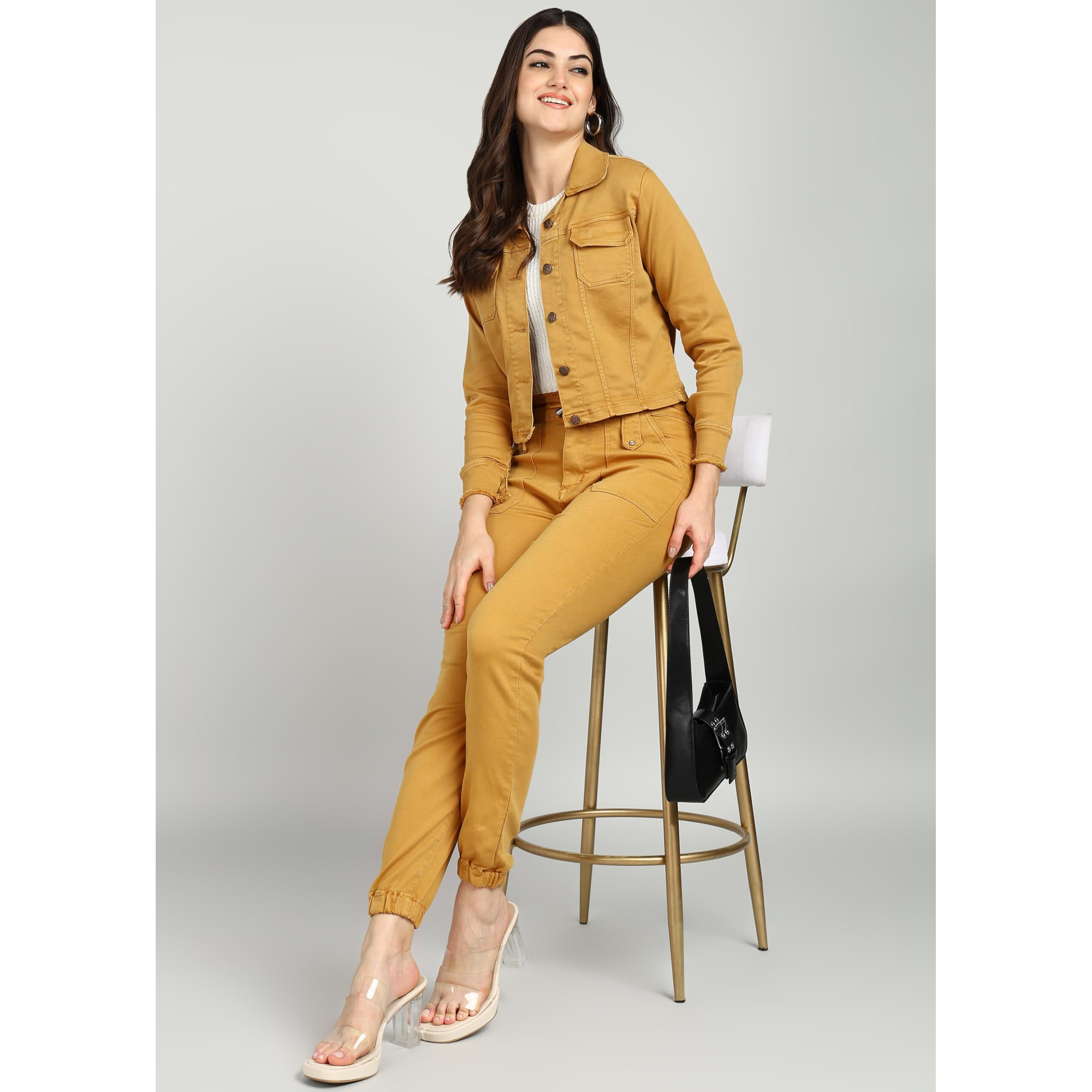 Nifty Women's Denim Jacket And Joggers Coord Set (1470_Combo_Gold_Xl_Gold_Xl)