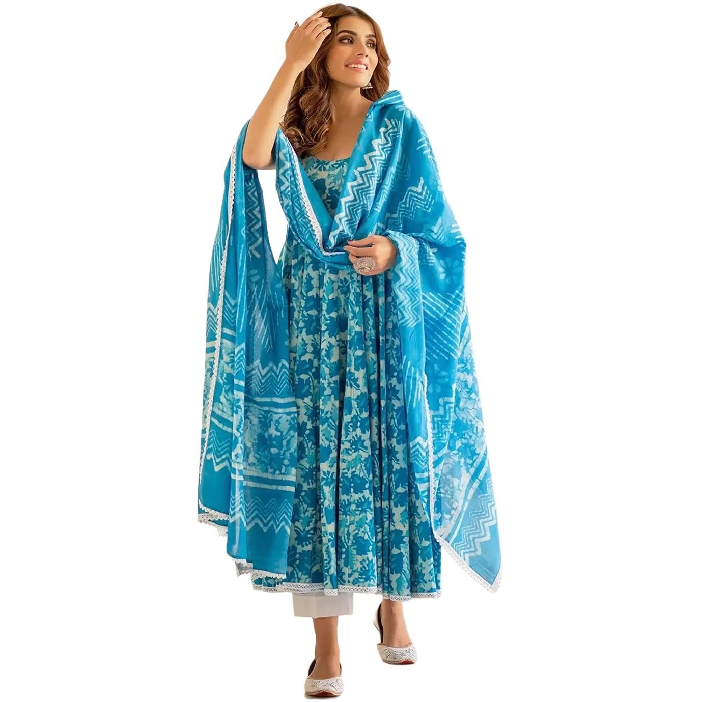 Pinkmint Women's Cotton Blend Straight Printed Kurta With Pant & Dupatta Sky Blue
