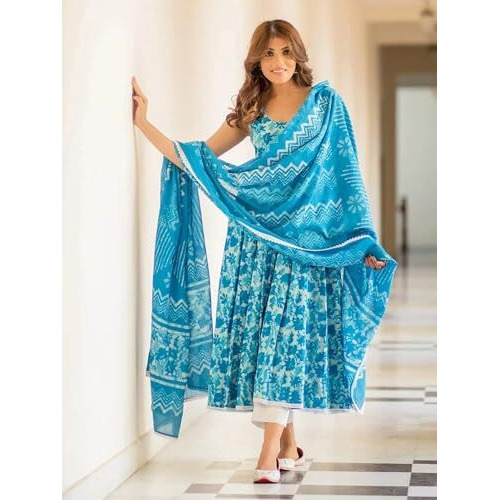 Pinkmint Women's Cotton Blend Straight Printed Kurta With Pant & Dupatta Sky Blue