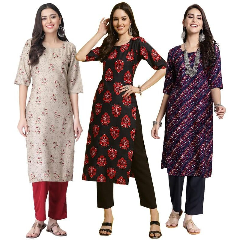 Pinkmint Women's Crepe Printed Kurta Pant Straight Kurta Set For Women(Pack Of 3)