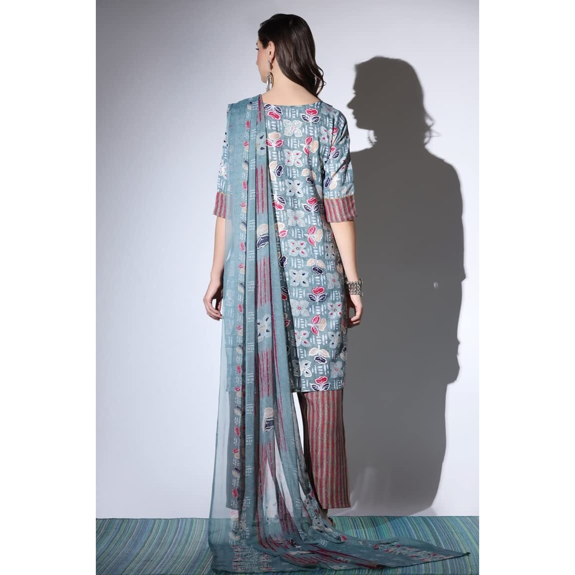 Dhruvi Trendz Women Cotton Blend Fancy Kurta Set Regular Fit Printed (Dt-K2705&P127_Grey_L)