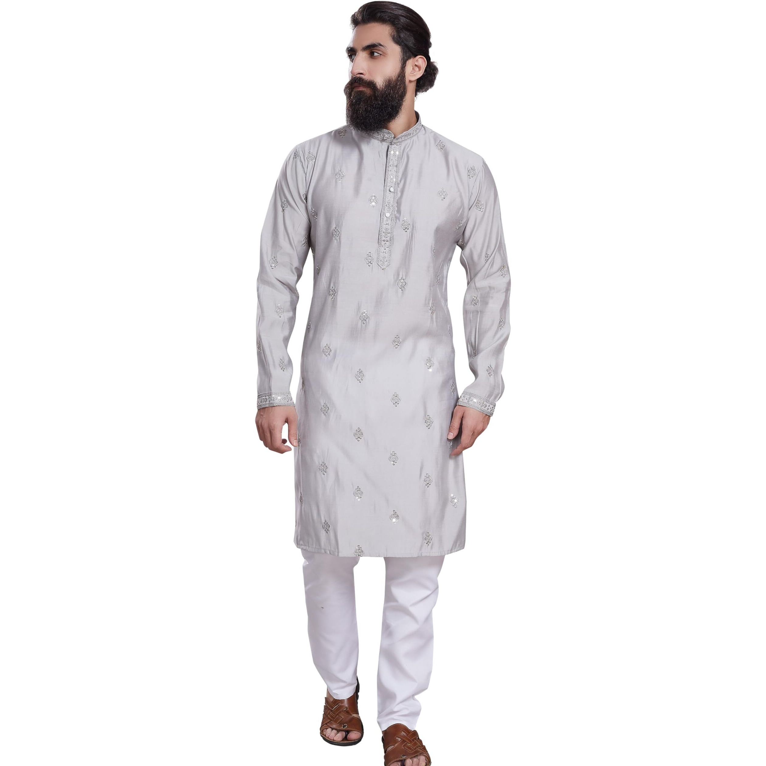 Divisive Men's Embroidered Cotton Silk Blend Only Slim Fit Kurta (Dkrt212_Xxl_Grey)