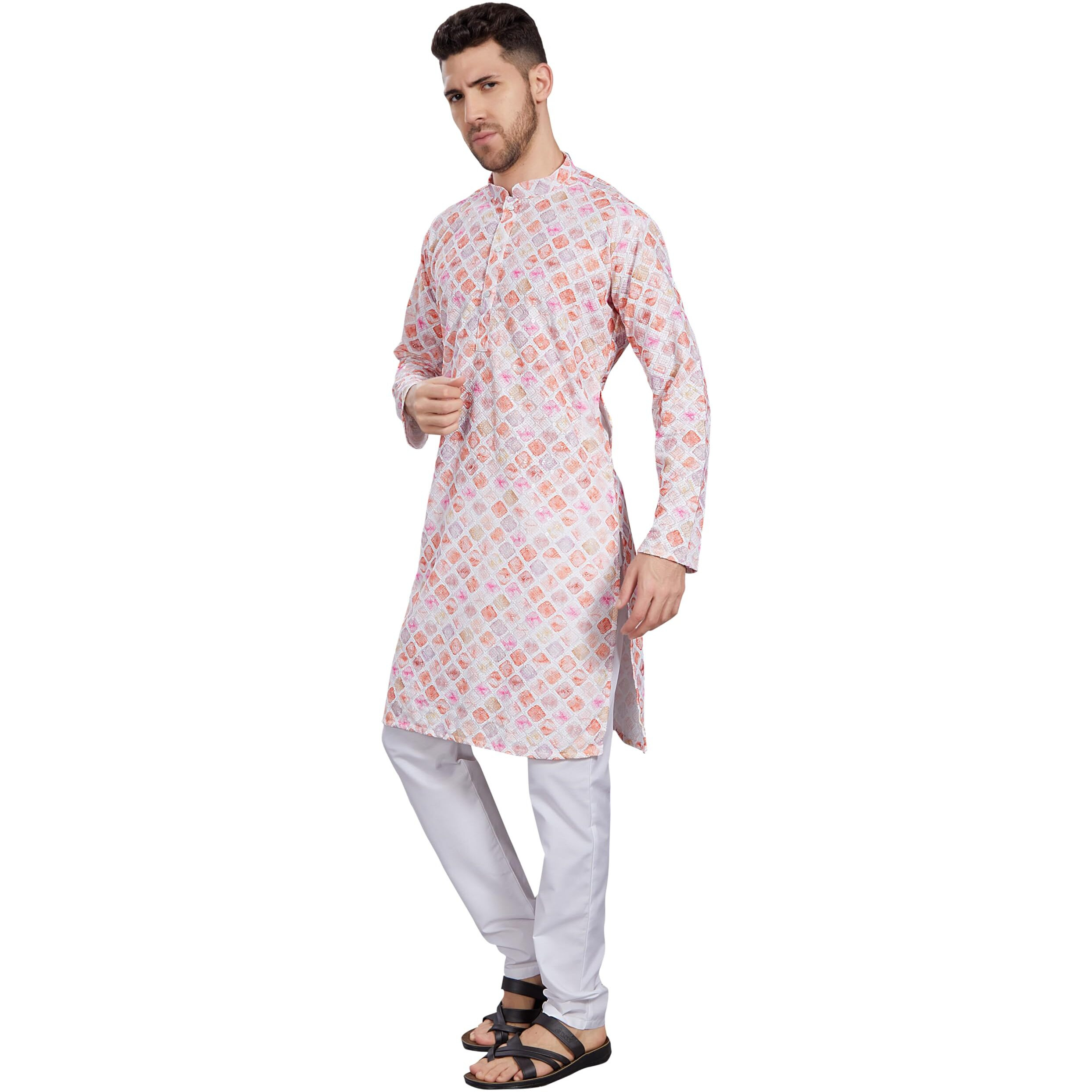 Divisive Men's Thread Embroidered Cotton Blend Only Slim Fit Kurta (Dkrt793_L_White -Peach)