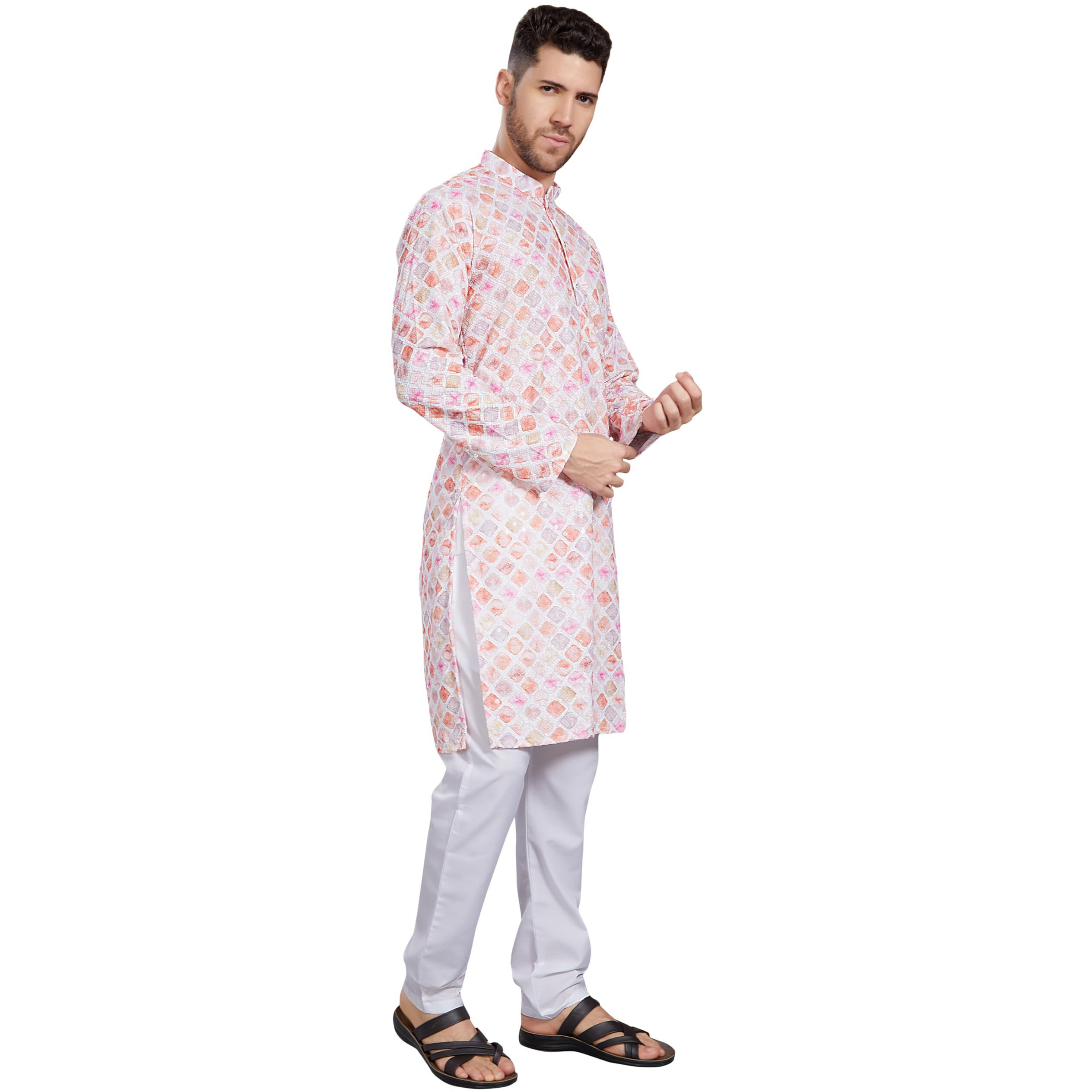 Divisive Men's Thread Embroidered Cotton Blend Only Slim Fit Kurta (Dkrt793_L_White -Peach)