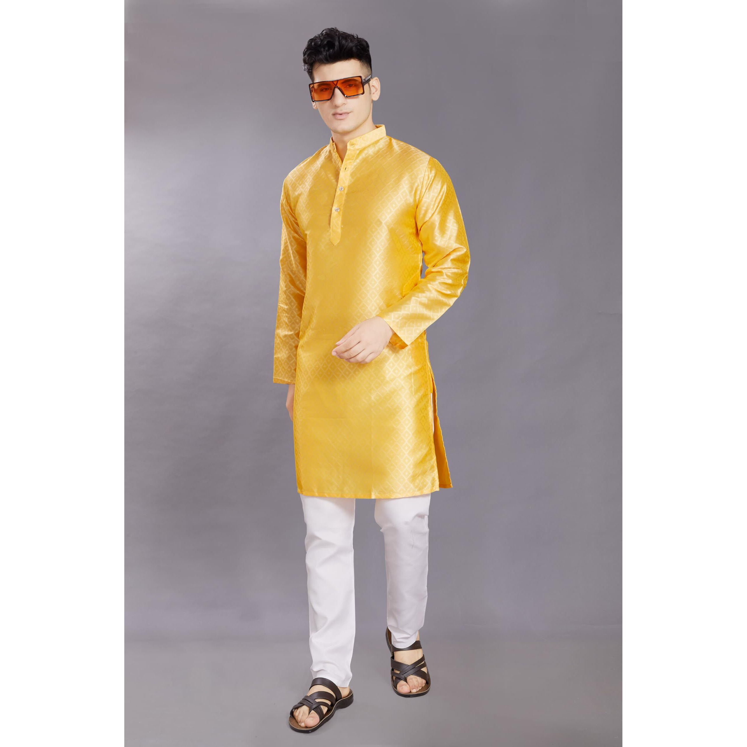 Divisive Men's Self Woven Jequard Art Silk Slim Fit Only Kurta (Dkrt411_M_Lt Yellow)