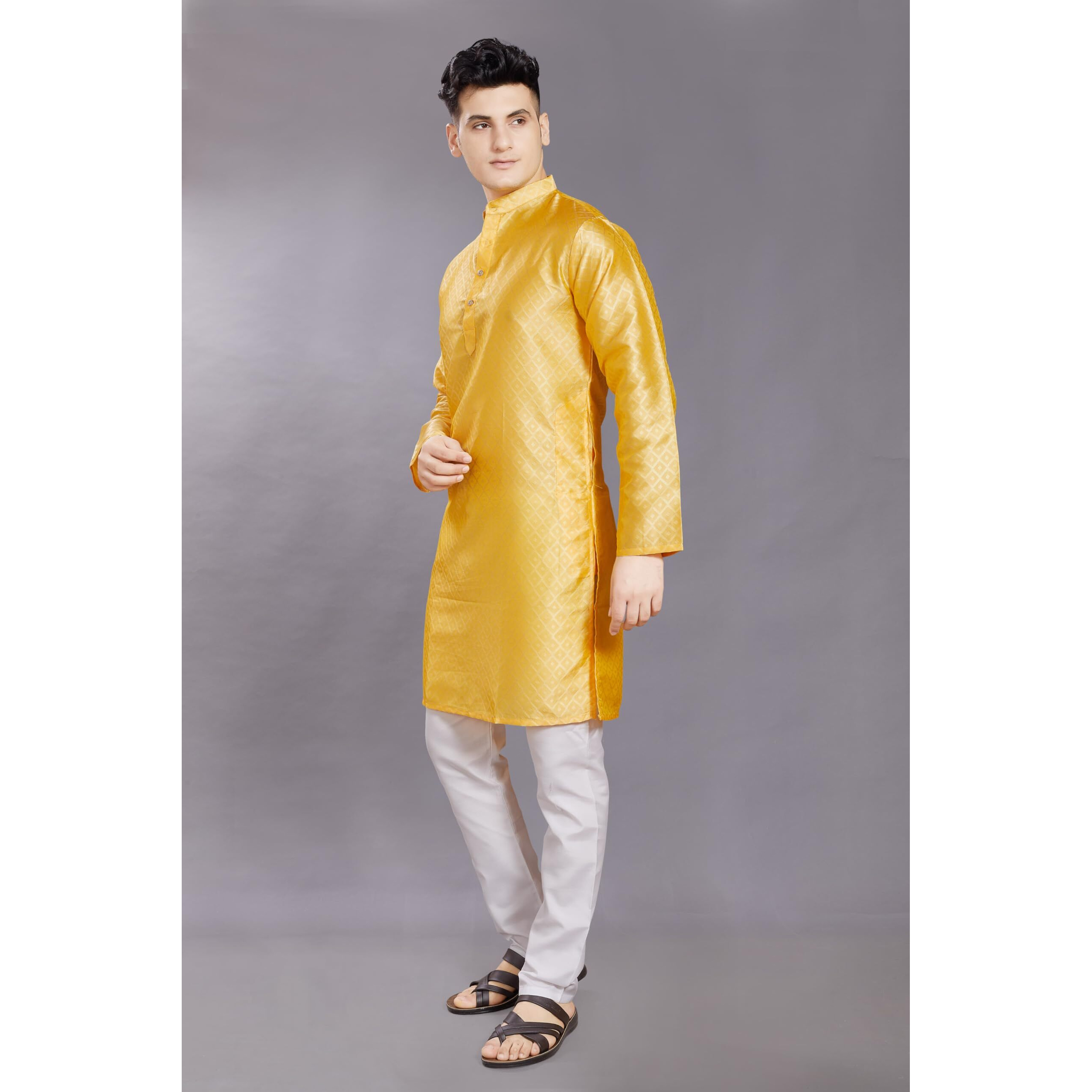 Divisive Men's Self Woven Jequard Art Silk Slim Fit Only Kurta (Dkrt411_M_Lt Yellow)