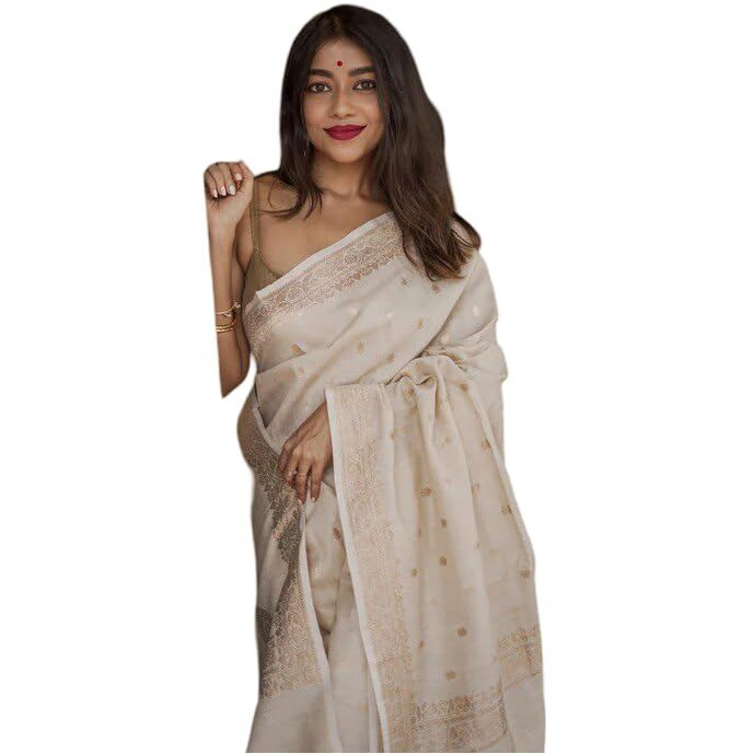 Flosive Women's Beautiful Light Shine Cotton Linen Wedding Saree With Blouse (Cream)