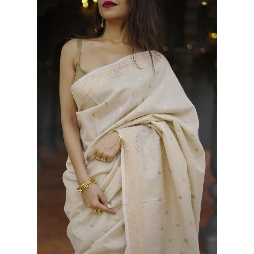 Flosive Women's Beautiful Light Shine Cotton Linen Wedding Saree With Blouse (Cream)