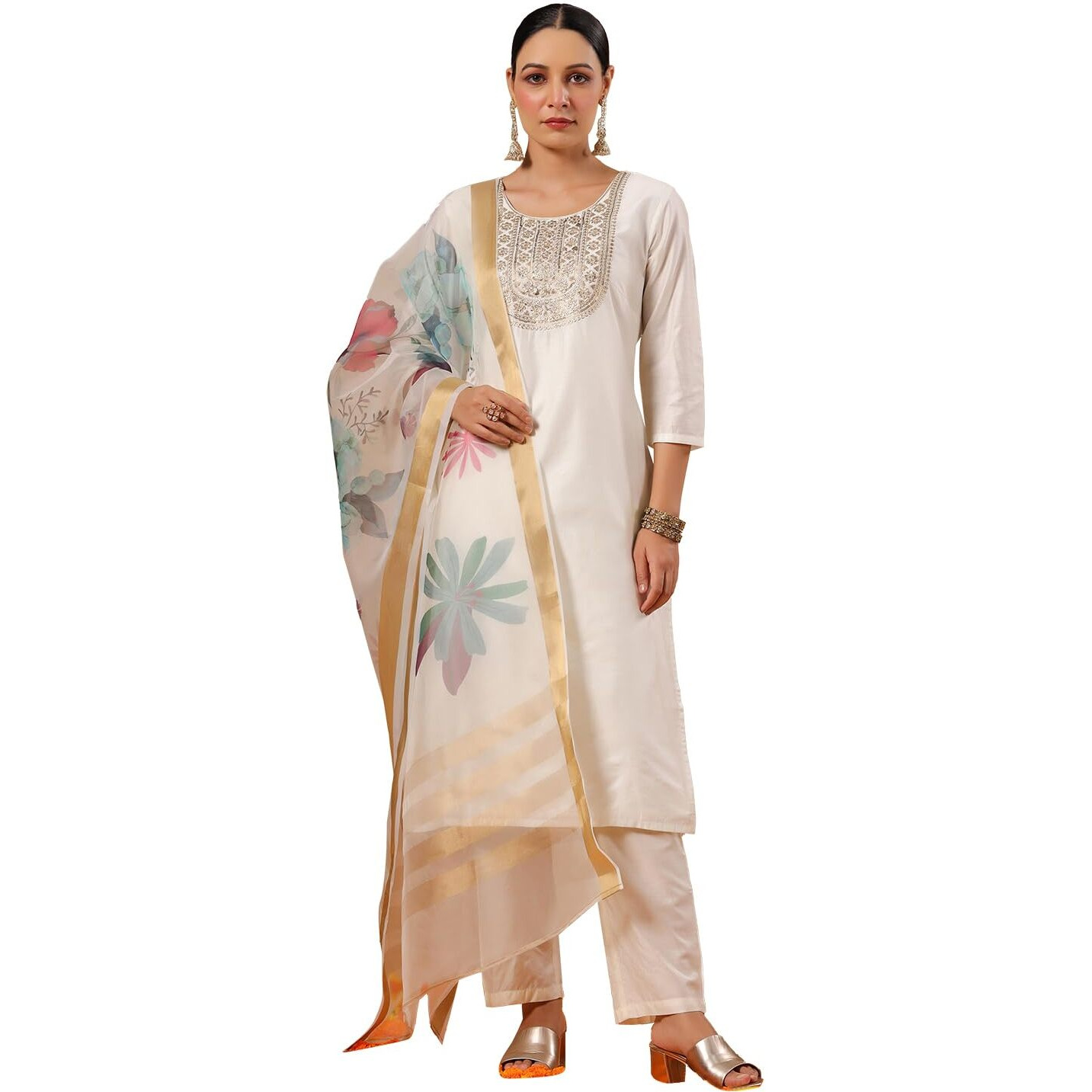 Ishin Women's Poly Silk Yoke Design Zari Off White Straight Kurta Suit Set With Trousers And Dupatta