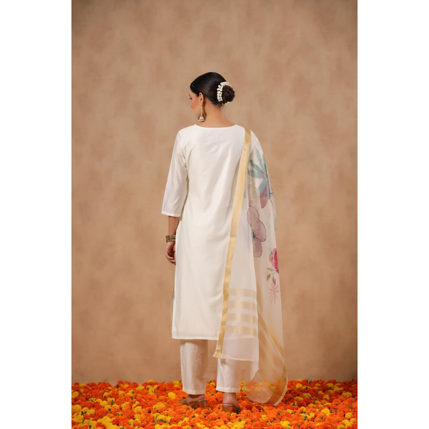 Ishin Women's Poly Silk Yoke Design Zari Off White Straight Kurta Suit Set With Trousers And Dupatta