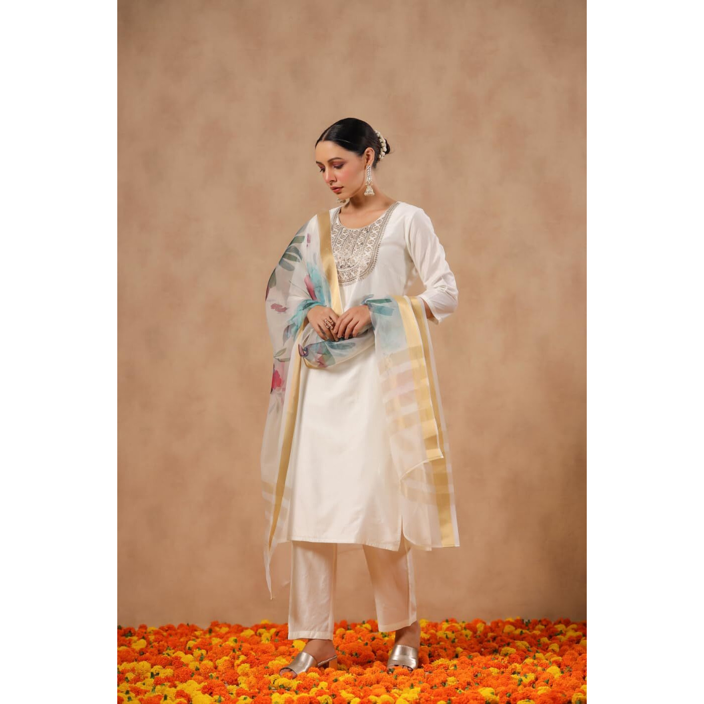 Ishin Women's Poly Silk Yoke Design Zari Off White Straight Kurta Suit Set With Trousers And Dupatta